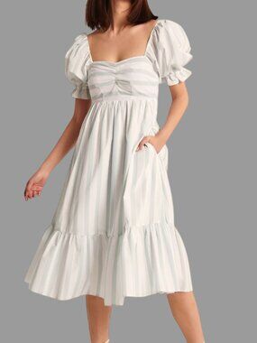 Abercrombie & Fitch Women's Puff Sleeve Poplin Striped Midi Dress Green Size XS